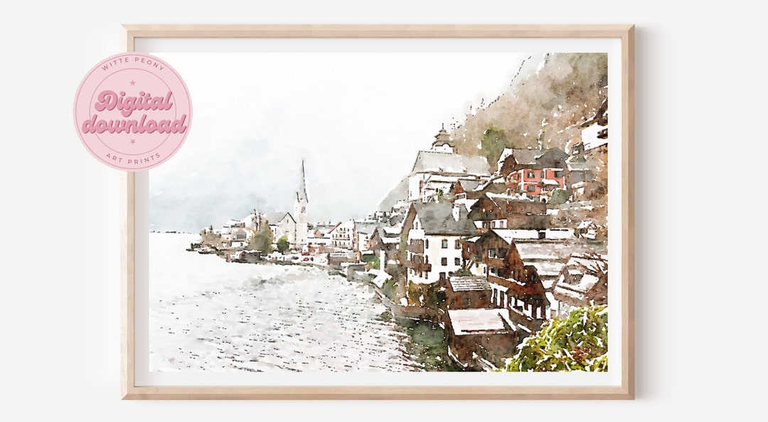 DIGITAL DOWNLOAD Hallstatt Lake Austria Printable Wall Art, Watercolor ...
