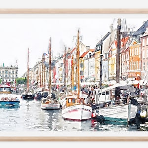 Nyhavn Copenhague Dinamarca DESCARGA DIGITAL Impresión de pintura de acuarela, Arte de pared de viaje europeo, Fotografía de barcos Paisaje urbano náutico danés