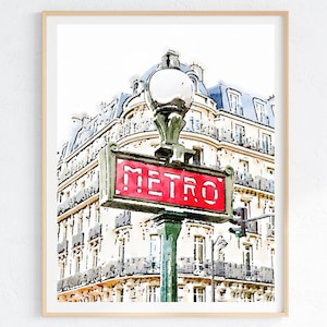 Paris Red Metro Sign DIGITAL DOWNLOAD Watercolor Wall Art Watercolor Illustration, Travel Photography Print, French Metro Wall Decoration