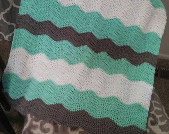 Crocheted Chevron Baby Blanket Aqua/Grey/White