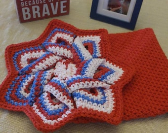 Fourth of July/ Red White and Blue/ Patriotic Crocheted Double Sided Oven Mitts/Hot Pad/Pot Holders/Star Shaped Trivet