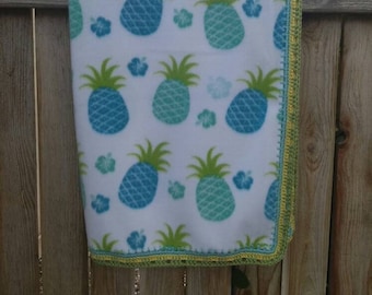 Pineapple/Tropical/Hawaiian Themed Fleece Baby Blanket with Crocheted Pineapple Border/Edge