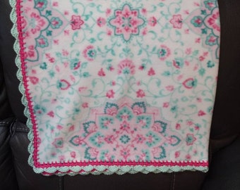 Mandala Print Fleece Baby Blanket with Crocheted Border