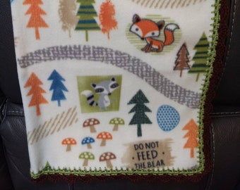 Woodland Animal/Forrest Print Fleece Baby Blanket with Crocheted Border