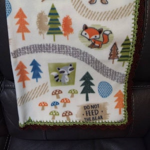 Woodland Animal/Forrest Print Fleece Baby Blanket with Crocheted Border