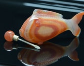 Chinese Banded Agate Snuff Bottle, Bone Dipper Fish Form Circa 1960