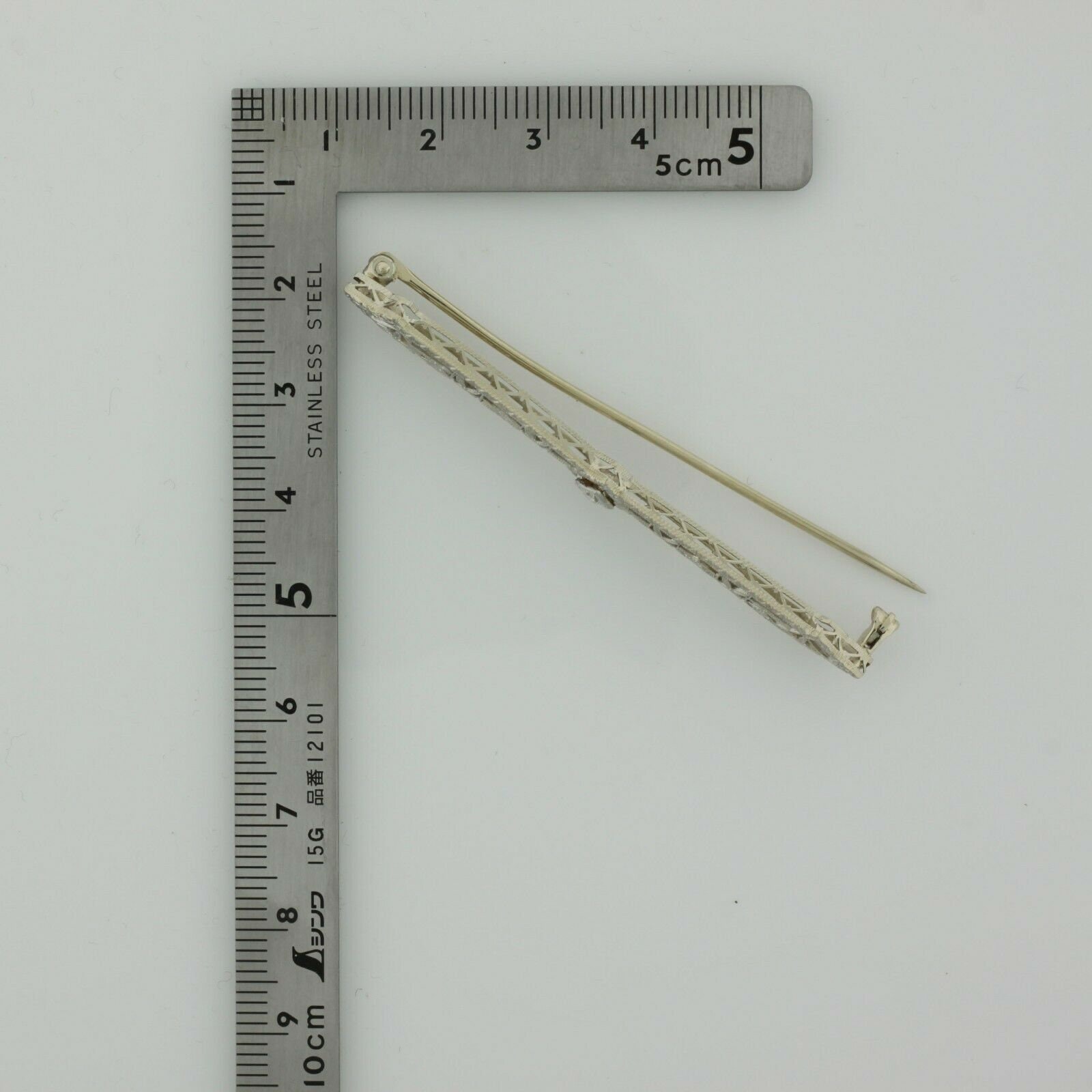 Vintage 14K White Gold Diamond Bar Pin Filigree Design Circa