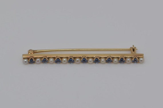 Vintage 14K Yellow Gold Pearl and Sapphire Set Ba… - image 2