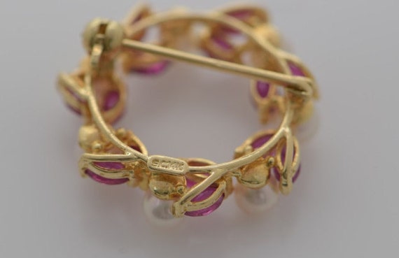 14K Yellow Gold Pearl and Ruby Pin, Circa 1950 - image 4