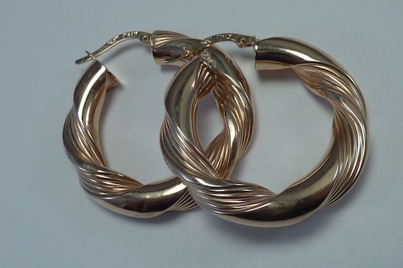 14K Yellow Gold Twisted Hoop Earrings 1-1/4" Diam… - image 1