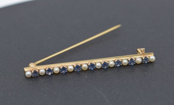 Vintage 14K Yellow Gold Pearl and Sapphire Set Ba… - image 1