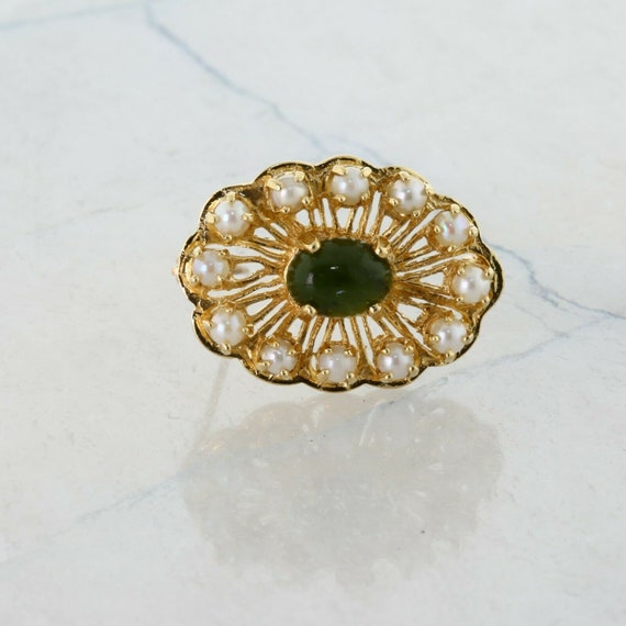 Vintage 14K Yellow Gold Nephrite Jade and Pearl P… - image 3