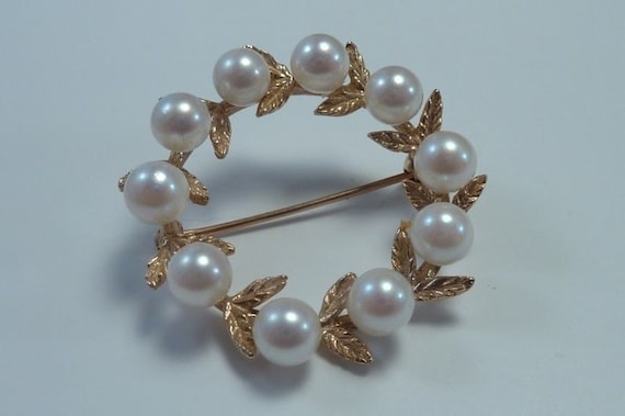 14K Yellow Gold 5.5mm. Pearl Vine Pin/Brooch - image 1