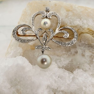 Edwardian 18K White Gold Diamond and Pearl Pin/Pendant