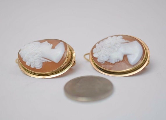 14K Yellow Gold Large Shell Cameo Earrings - image 6
