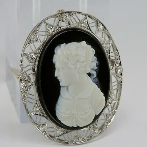 Antique Edwardian Platinum Hardstone Cameo Diamon… - image 1