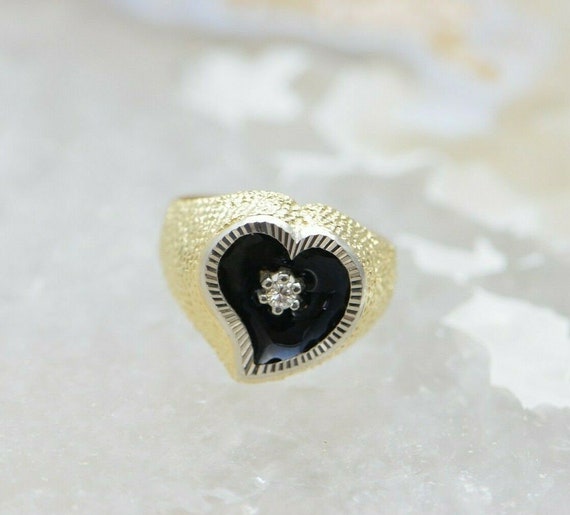 14K YG Enamel and Diamond Heart Ring Size 5 Circa… - image 1