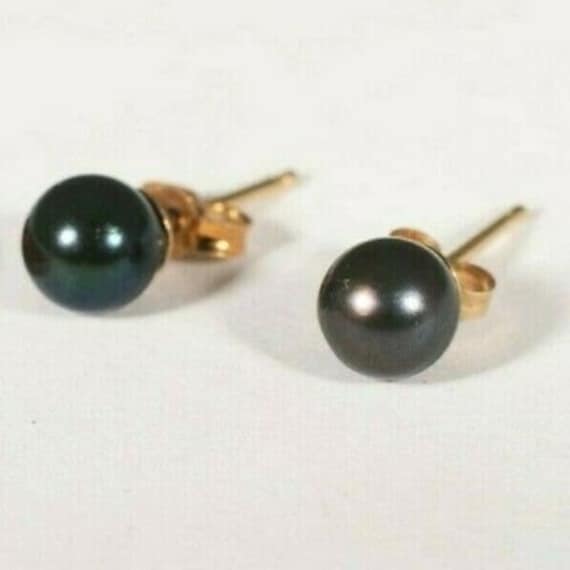 14K Yellow Gold and Black Pearl Earrings - image 2