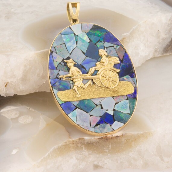 14K Yellow Gold Mosaic Opal Chinese Theme Pendant… - image 2