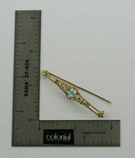 Vintage 10K Yellow Gold Bar Pin Faux Pearl and Aq… - image 8