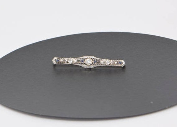 14K White Gold Art Deco Style Bar Pin with Diamon… - image 2