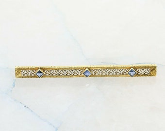 Art Deco 14K Yellow Gold with Blue Topaz Bar Pin Filigree Design