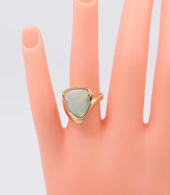 14K Yellow Gold Opal and Diamond Ring Signed "EXC… - image 2