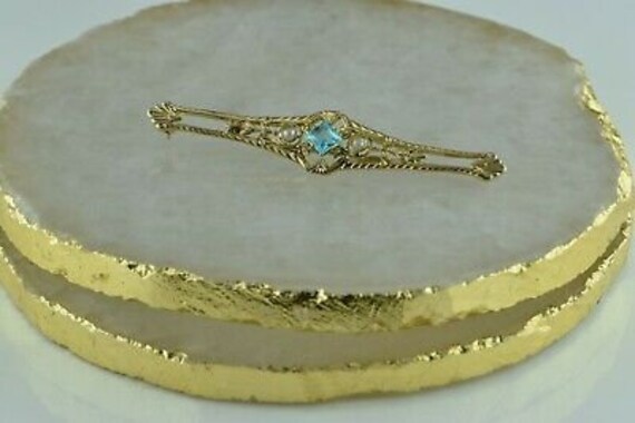 Vintage 10K Yellow Gold Bar Pin Faux Pearl and Aq… - image 3