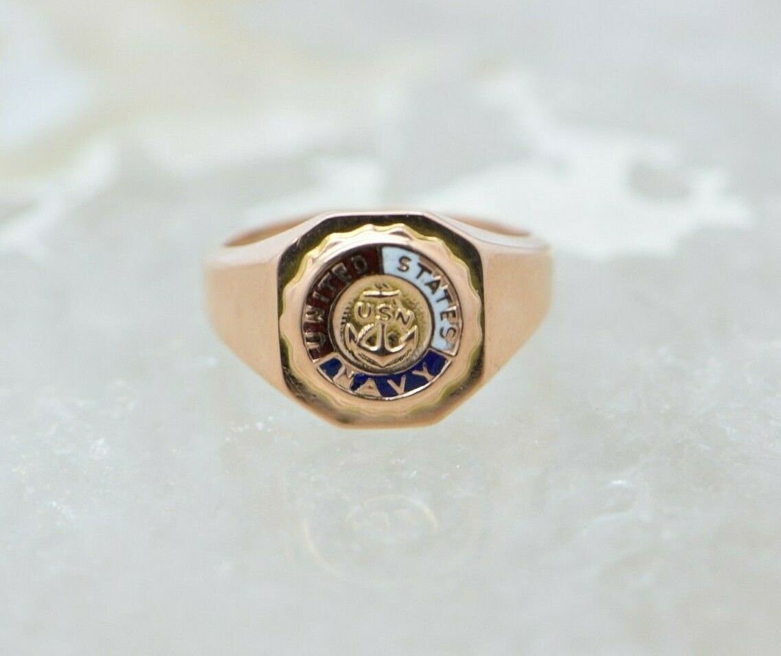 10K Yellow Gold United States Navy Ring With Red White and Blue