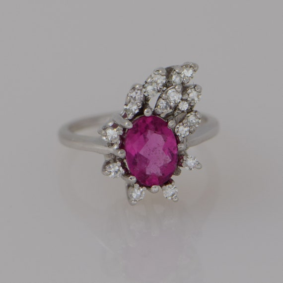 18K White Gold Pink Tourmaline and Diamond Chip R… - image 1