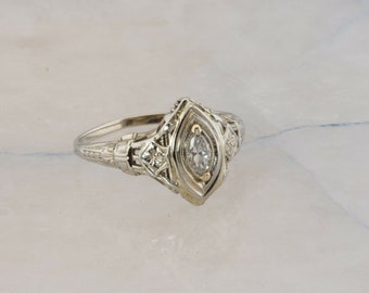 Antique 18K White Gold Marquise Diamond Art Deco Ring Size 7.5 Circa 1930