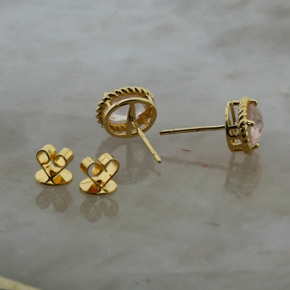 14K Yellow Gold Pink Stone Morganite Post Earrings - image 7