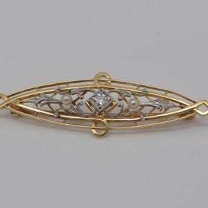 14K Yellow & White Gold Filigree Bar Pin with Diamond Center, Circa 1925