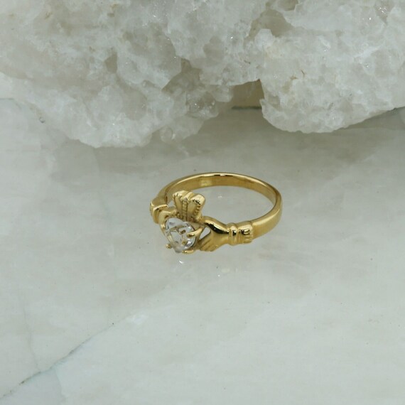 10K Yellow Gold Claddagh Ring with Clear White St… - image 6