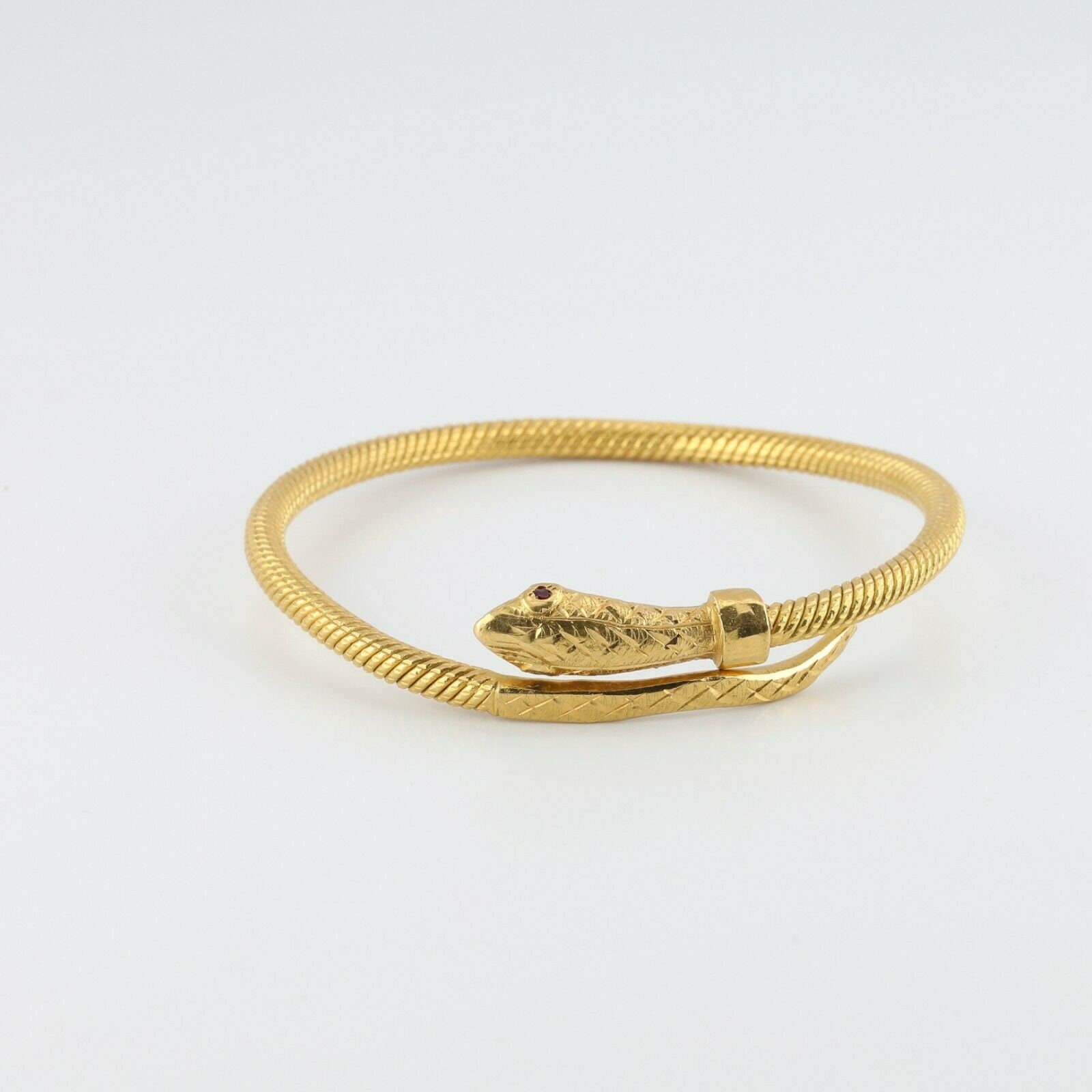 Great Hand Made 21K Snake Bracelet Yellow Gold With Ruby Eyes