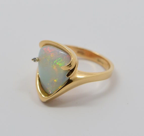 14K Yellow Gold Opal and Diamond Ring Signed "EXC… - image 4