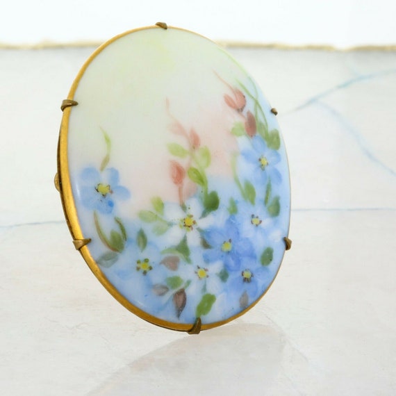 Antique Porcelain Floral Hand Painted Pin Gold Pl… - image 2