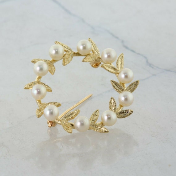 Vintage 14K Yellow Gold Pearl Wreath Pin Circa 19… - image 3