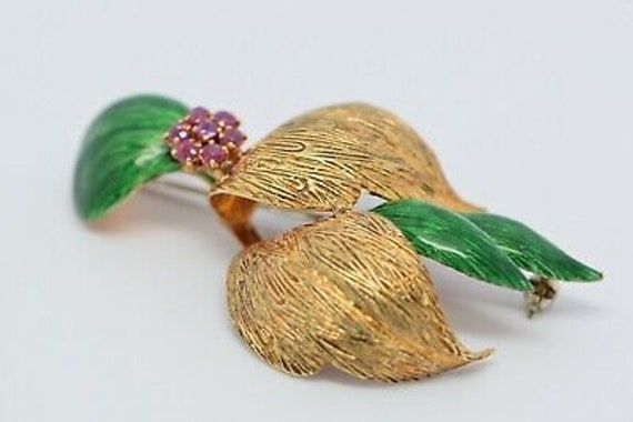 18K Yellow Gold Ruby and Enamel Floral Pin, Circa… - image 4