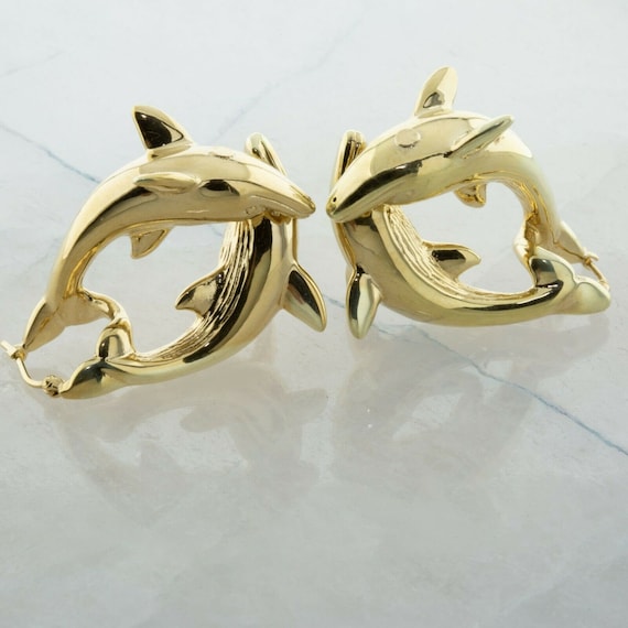 14K Yellow Gold Whale Earrings Circa 1990