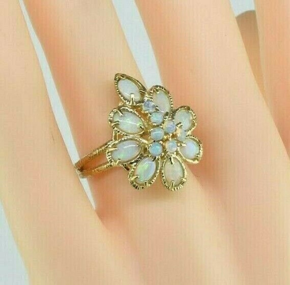 14K Yellow Gold Opal Flower Ring Fine Crystal Opa… - image 2
