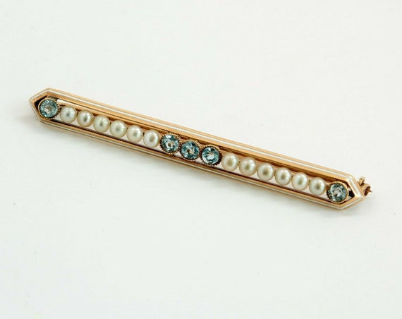 Antique 14K Yellow Gold Aquamarine and Pearl Pin … - image 1