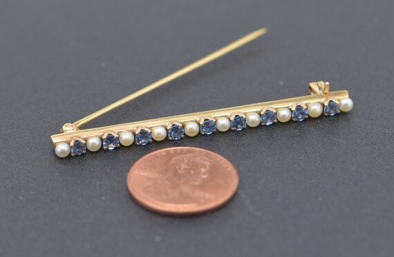 Vintage 14K Yellow Gold Pearl and Sapphire Set Ba… - image 5