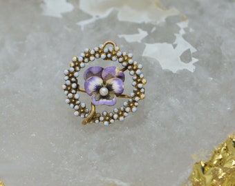 14K Yellow Gold Tested Enamel Pansy Pin, Pearl set in Central Flower, Circa 1900
