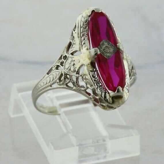 14K WG Deco Synthetic Ruby and Diamond Filigree R… - image 4