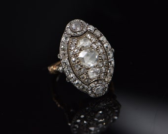 19th Century Diamond Ring, Marquise Shaped Head with Rose & Old Mine Cut Stones