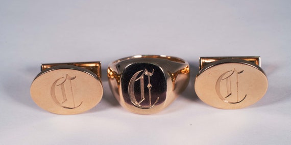 14K Yellow Gold Cufflink and Signet Ring Set w/ "… - image 1