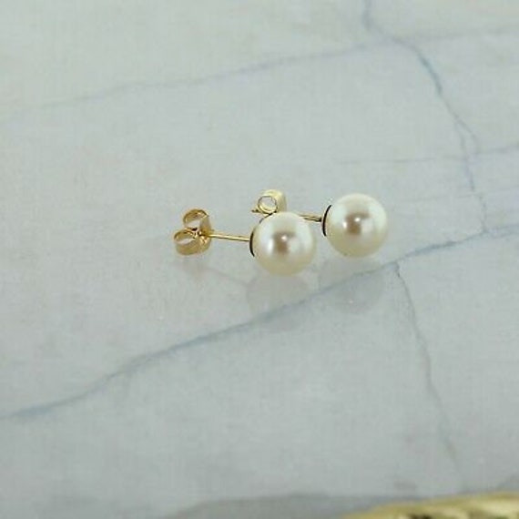 14K Yellow Gold Pearl Studs 7.5mm White Cultured … - image 1
