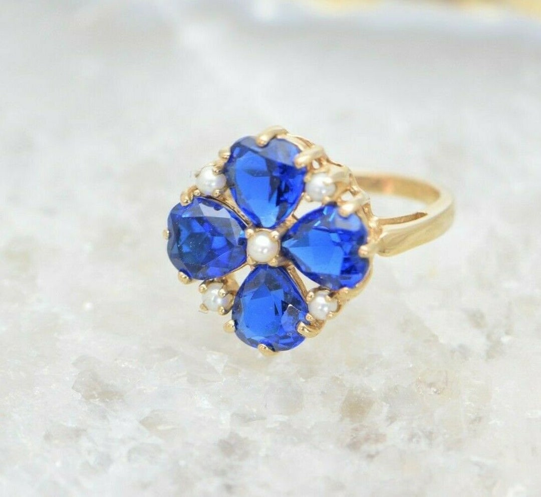 14K Yellow Gold Blue Stone & Pearl Heart Ring Circa 1950 Size - Etsy