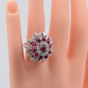 18K White Gold Superb Large Ruby & Diamond Cocktail Ring Circa 1950, Size 6